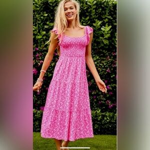 Lilly Pulitzer Jilly Smocked Midi Dress Aura Pink Check You Out Size S